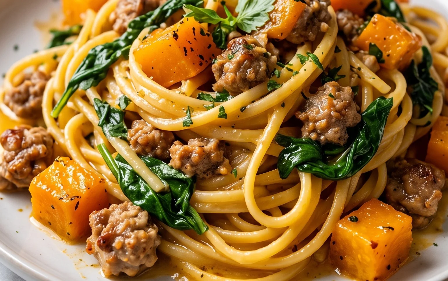 Creamy Roasted Butternut Squash Pasta with Sausage and Spinach